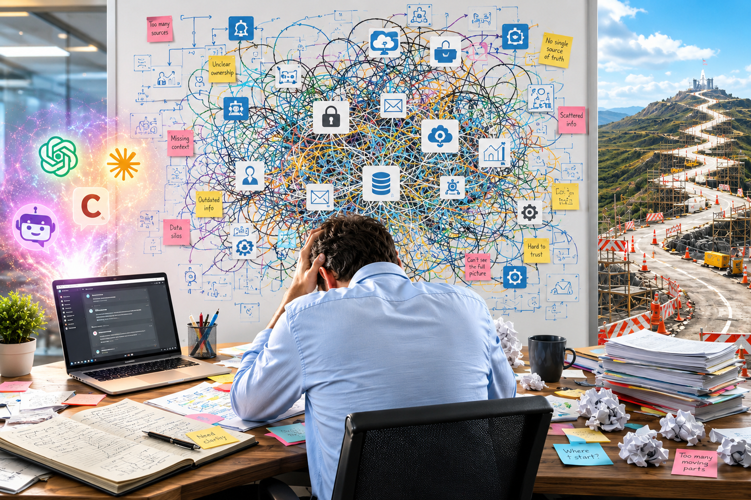 Eine gestresste Person, umgeben von App-Logos und verstreuten Unternehmensdaten