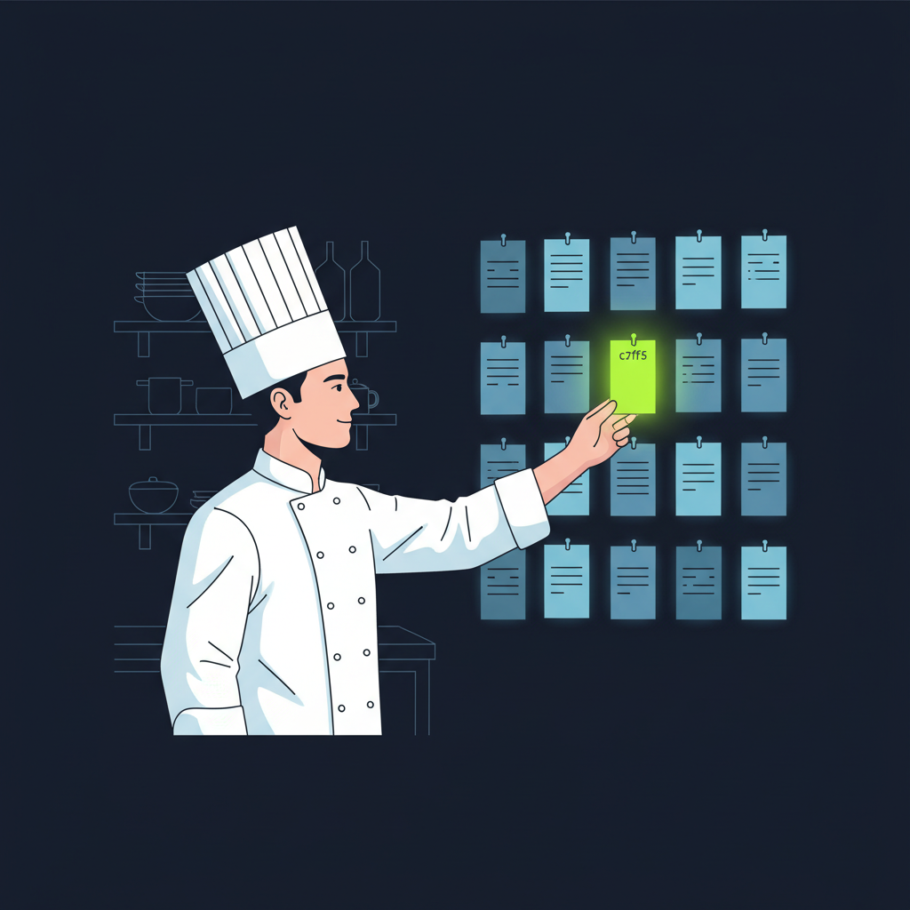 A chef in whites reaching toward a wall of recipe cards on hooks; one card glows lime green, the rest dim cyan